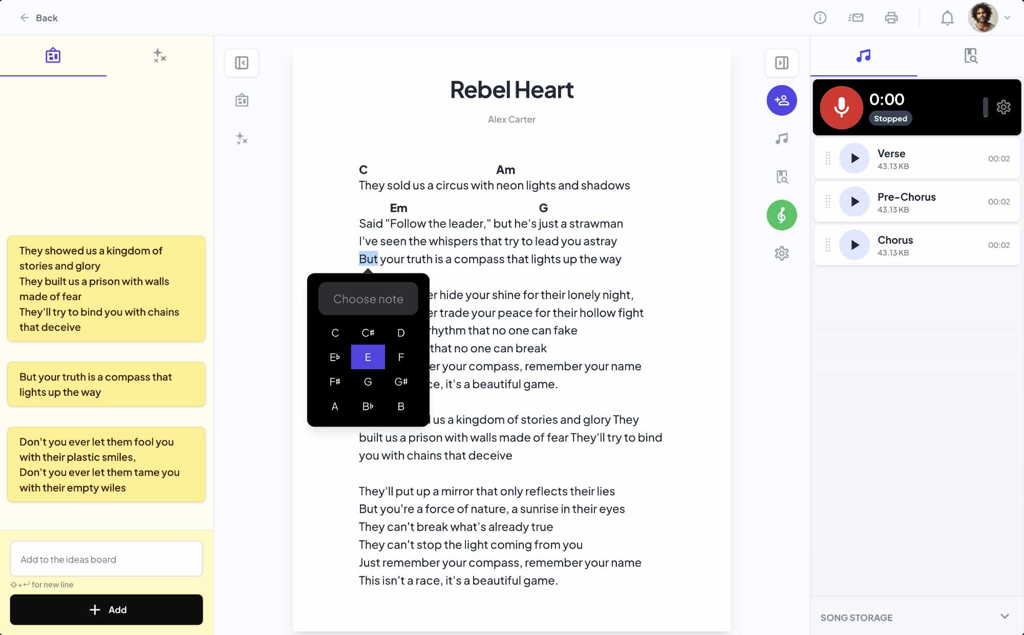 Screenshot of Major's lyric editor with chords