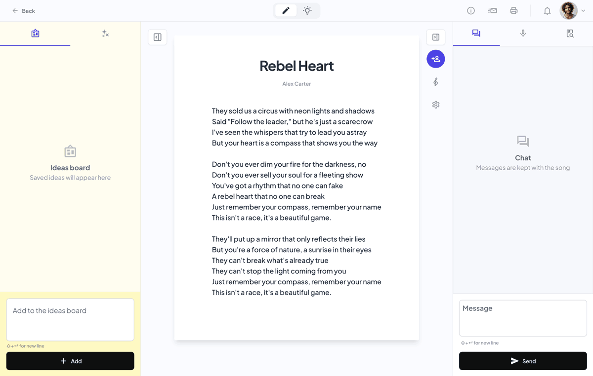 Major songwriting collaboration with chat, ideas board, and recordings per song