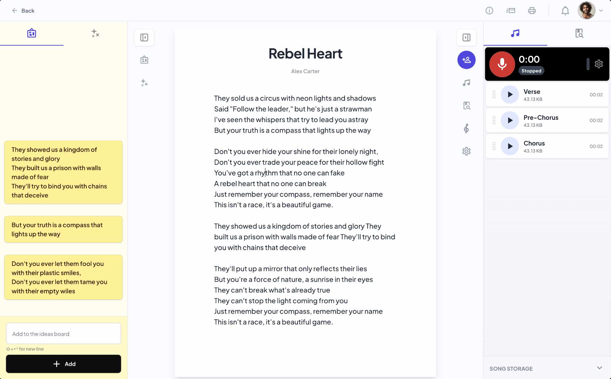 Major songwriting workspace showing songs list and editor