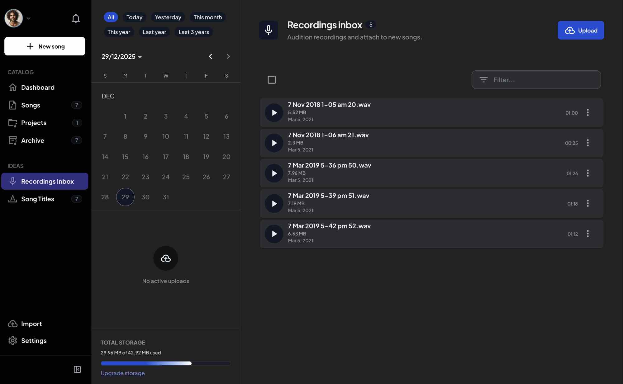 Screenshot of Major's recordings inbox